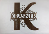 Personalized Metal Monogram Initial and Last Name Letter Wall Art with Scroll Details and Custom Est. Date