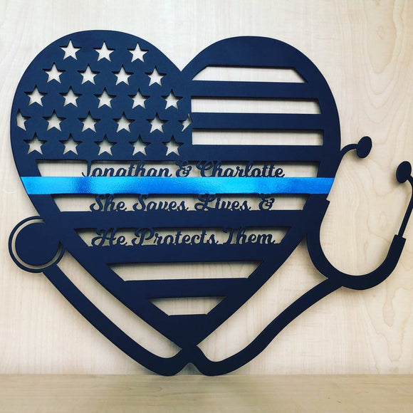 USA Heart with Thin Blue Line and Stethoscope Metal Wall Art For Law Enforcement and Health Care Couple