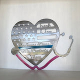 USA Heart with Thin Blue Line and Stethoscope Metal Wall Art For Law Enforcement and Health Care Couple
