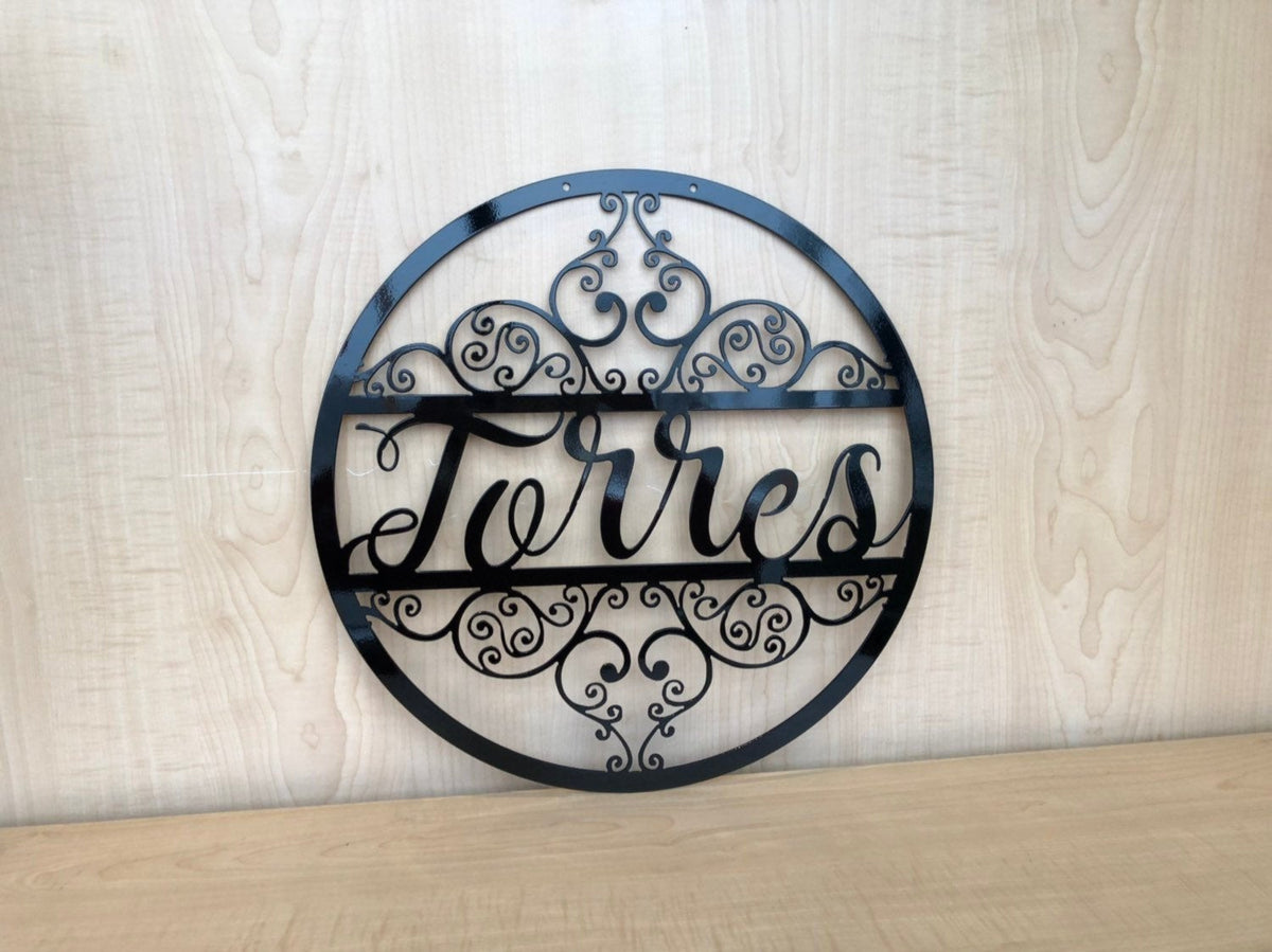Last Name Personalized Metal Monogram Circle Wall Art & Scroll Detail ...