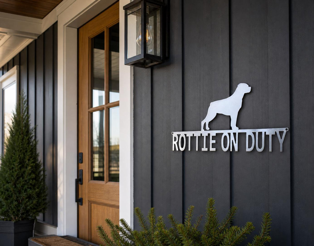 Metal Rottie On Duty Dog Sign