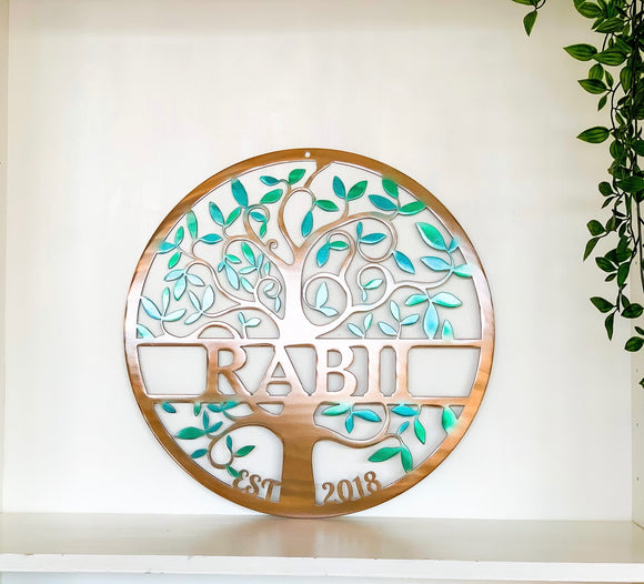 Personalized Metal Tree Of Life Wall Art with Last Name and Established Date - Your choice of script or print font