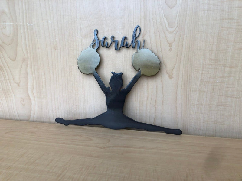 Personalized Metal Cheer Girl with Pom Poms Wall Art with Name, Choose Your Colors