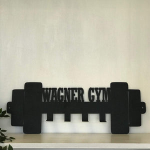 Personalized Barbell Metal Wall Art Sign with Hooks, Powder Coated