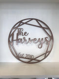 Personalized Geometric Last Name Monogram Door Hanger or Metal Wall Art Powder Coated Sign