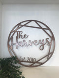 Personalized Geometric Last Name Monogram Door Hanger or Metal Wall Art Powder Coated Sign