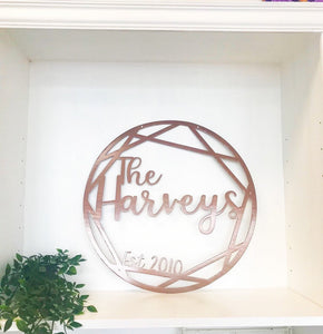 Personalized Geometric Last Name Monogram Door Hanger or Metal Wall Art Powder Coated Sign