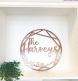 Personalized Geometric Last Name Monogram Door Hanger or Metal Wall Art Powder Coated Sign