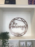 Personalized Geometric Last Name Monogram Door Hanger or Metal Wall Art Powder Coated Sign