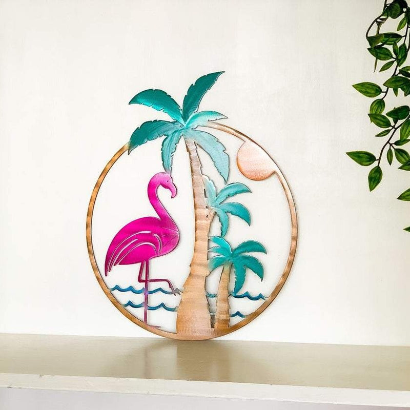 Flamingo Palm Tree Sunset Metal Sign - Customizable Weatherproof Door Hanger or Wall Art Powder Coat