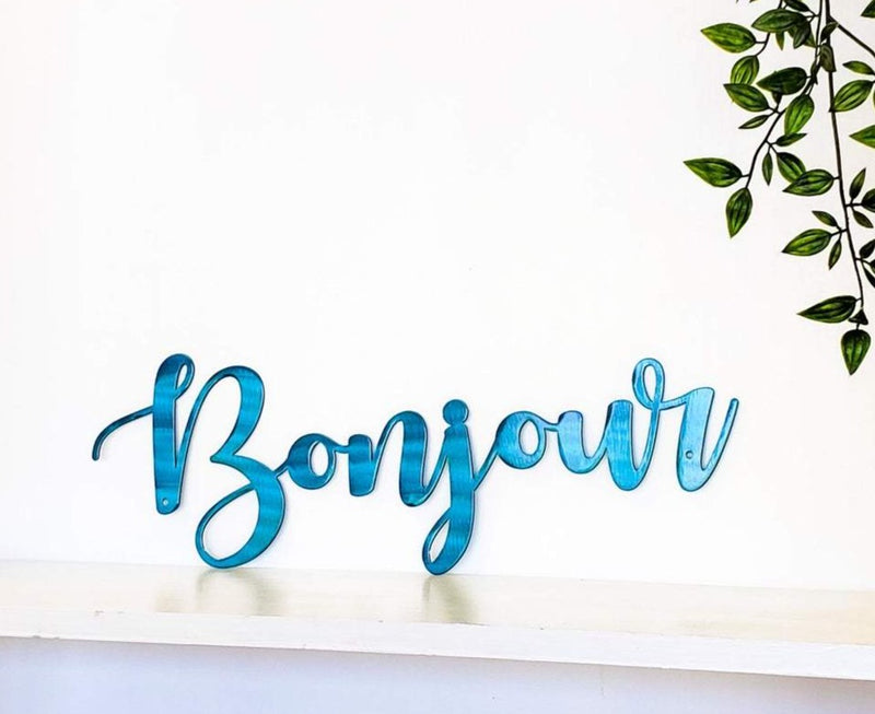 Bonjour Metal Wall Art in Script, Travel Wall Decor, Custom Metal Text