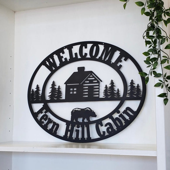 Cabin Tree Bear Scene Metal Sign