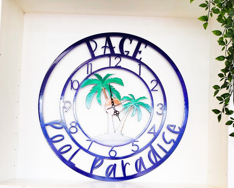 Personalized Palm Tree Metal Clock, Powder Coated, Pool Decor, Beach House