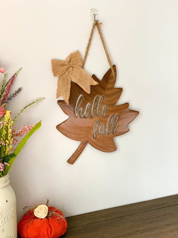 Hello Fall Leaf Metal Wall Art with Burlap Bow | Front Door Wreath | Fall Home Decor | Halloween Gift
