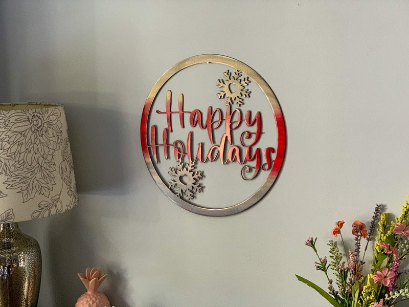 Happy Holidays Snowflake Metal Sign - Door Hanger or Wall Art, Front Porch Decor, Holiday Decoration