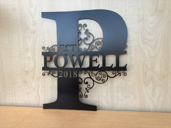 Personalized Metal Monogram Initial and Last Name Letter Wall Art with Scroll Details and Custom Est. Date