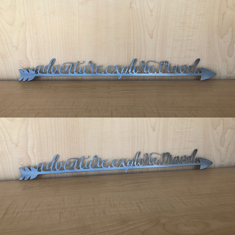 Adventure, Explore, Travel Metal Sign on Arrow with Powder Coat