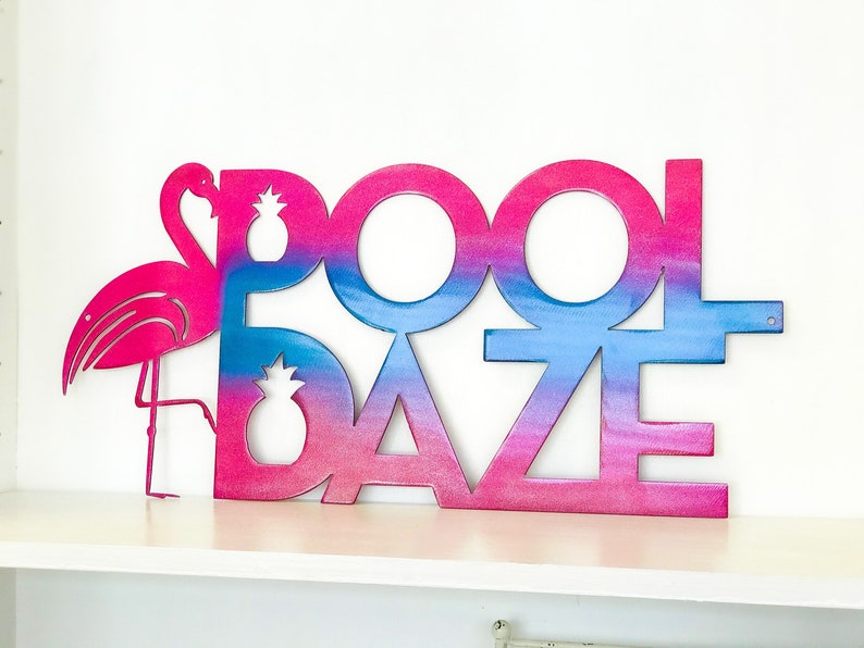 Pool Daze Metal Wall Art with Flamingo and Pineapples, Powder Coated