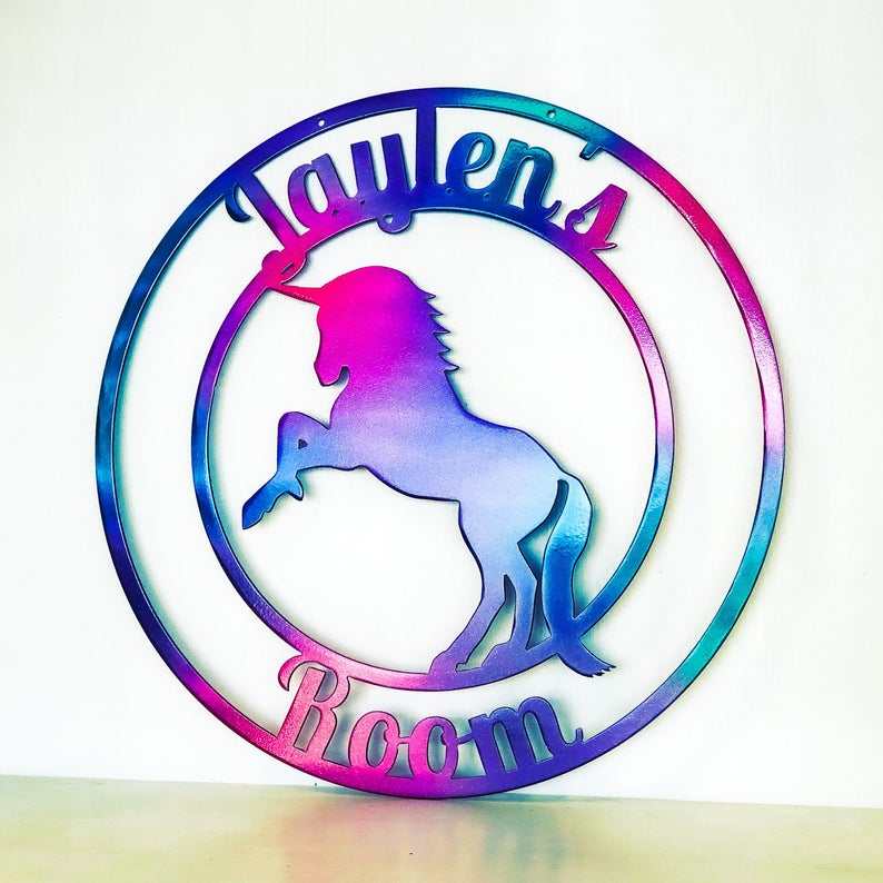 Personalized Metal Unicorn Door Hanger Metal Wall Art - Any Color Powder Coat Combo