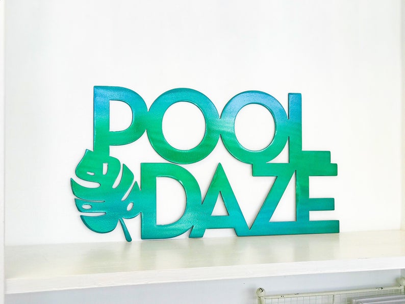 Pool Daze Metal Wall Art With Tropical Leaf, Powder Coated