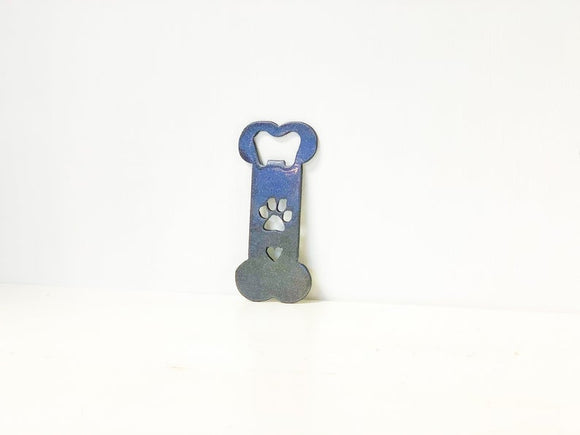Paw Print Dog Bone Steel Bottle Opener with Powder Coat, Choose your Color - Magnetic or Keychain