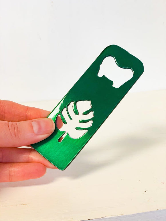 Tropical Leaf Bottle Opener with Powder Coat, Choose your Color, Handmade, Magnetic or Keychain