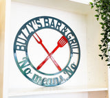 Personalized Round BBQ Grill Sign - Outdoor Door Hanger or Metal Wall Art Powder Coat | Gift For Him | Labor Day Gift | Patio Decor
