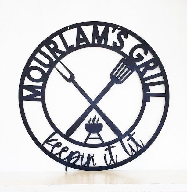 Personalized Round BBQ Grill Sign - Outdoor Door Hanger or Metal Wall Art Powder Coat, Gift For Him