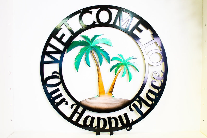 Welcome to our Happy Place Palm Tree Scene Sign, Weatherproof Door Hanger, Wall Art, Pool Sign