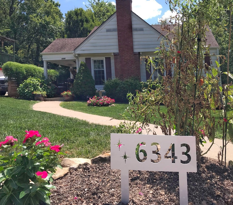 Mid Century Modern House Number Metal Yard Stake, Retro Outdoor Decor, Address Marker