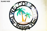 Welcome to our Happy Place Palm Tree Scene Sign | Weatherproof Door Hanger | Wall Art | Pool Sign | Housewarming Gift | Patio Décor