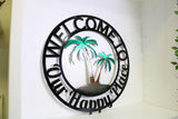 Welcome to our Happy Place Palm Tree Scene Sign | Weatherproof Door Hanger | Wall Art | Pool Sign | Housewarming Gift | Patio Décor