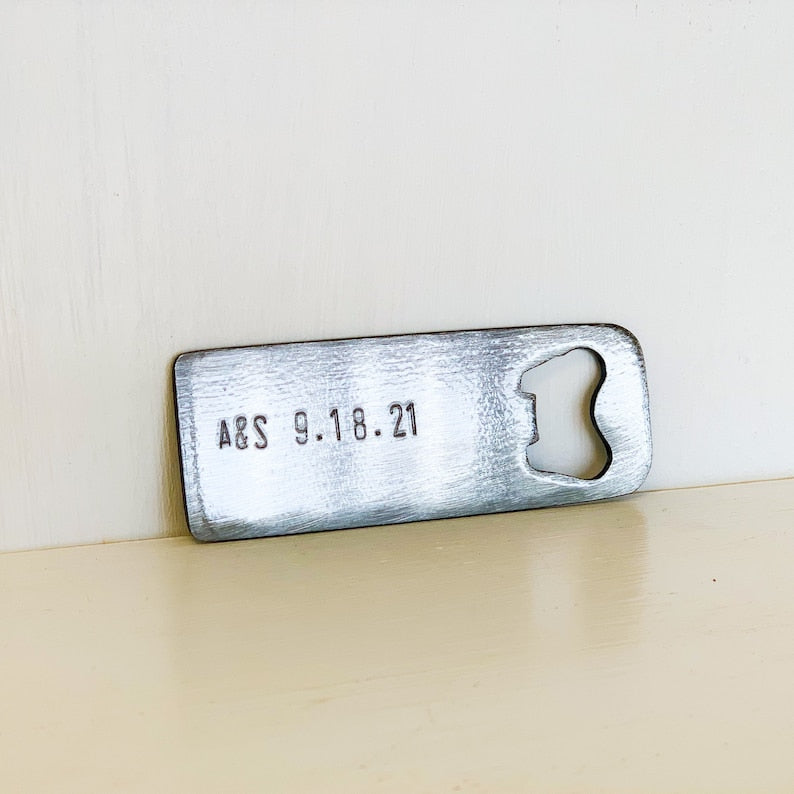 Personalized Steel Bottle Opener, Hand Stamped, Wedding Gift, Anniversary Gift, Established Date, Initials