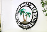 Welcome to our Happy Place Palm Tree Scene Sign | Weatherproof Door Hanger | Wall Art | Pool Sign | Housewarming Gift | Patio Décor