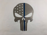 Punisher Skull Thin Blue Line Metal Wall Art with Black or Clear Powder Coat, Handmade, Quality Home Decor, Blue. Silver, Black
