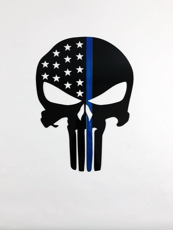 Punisher Skull Thin Blue Line Metal Wall Art with Black or Clear Powder Coat, Handmade, Quality Home Decor, Blue. Silver, Black