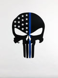 Punisher Skull Thin Blue Line Metal Wall Art with Black or Clear Powder Coat, Handmade, Quality Home Decor, Blue. Silver, Black
