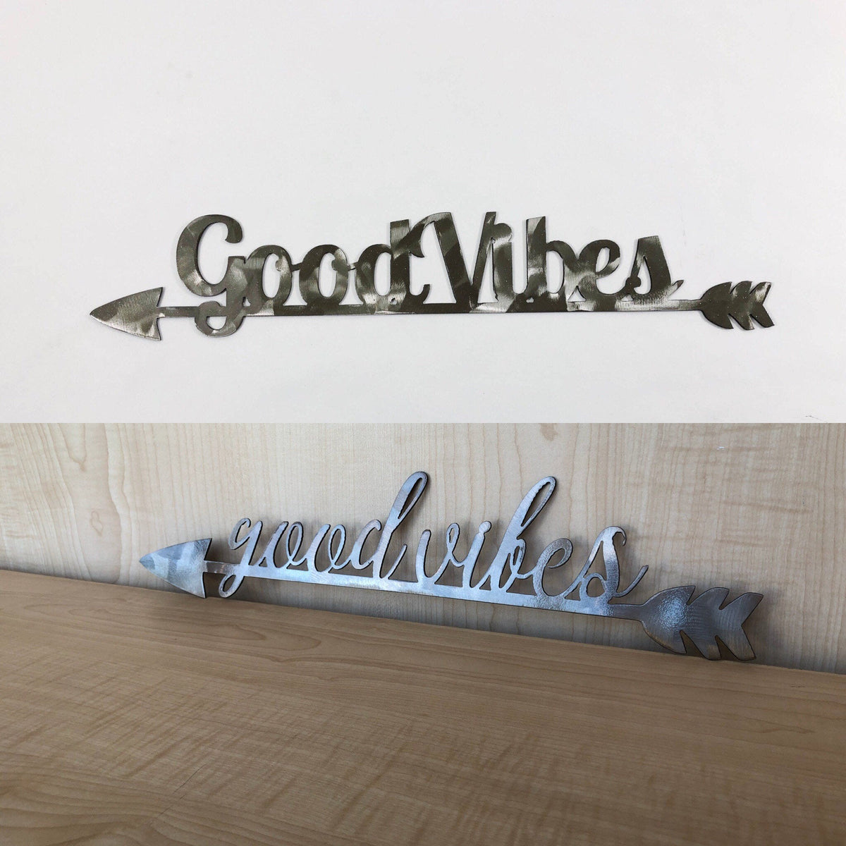 Good Vibes Metal Wall Art Sign on Arrow with Powder Coat