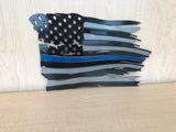 Custom Police Thin Blue Line Tattered Flag Metal Wall Art with Black and Clear Powder Coat