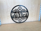 Last Name Personalized Metal Monogram Circle Wall Art & Scroll Detail