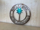 Welcome Palm Tree Personalized Metal Sign - Customizable Weatherproof Door Hanger or Wall Art Powder Coat