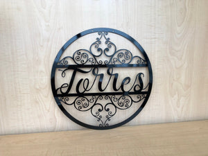 Last Name Personalized Metal Monogram Circle Wall Art & Scroll Detail