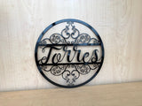 Last Name Personalized Metal Monogram Circle Wall Art & Scroll Detail
