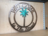 Welcome Palm Tree Personalized Metal Sign - Customizable Weatherproof Door Hanger or Wall Art Powder Coat