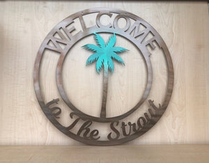 Welcome Palm Tree Personalized Metal Sign - Customizable Weatherproof Door Hanger or Wall Art Powder Coat