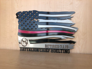 Custom Firefighter Tattered Flag Thin Red Line Metal Wall Art with Black and Clear Powder Coat