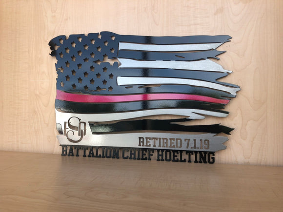 Custom Firefighter Tattered Flag Thin Red Line Metal Wall Art with Black and Clear Powder Coat