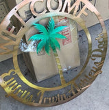 Welcome Palm Tree Personalized Metal Sign - Customizable Weatherproof Door Hanger or Wall Art Powder Coat