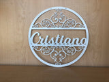 Last Name Personalized Metal Monogram Circle Wall Art & Scroll Detail