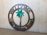 Welcome Palm Tree Personalized Metal Sign - Customizable Weatherproof Door Hanger or Wall Art Powder Coat